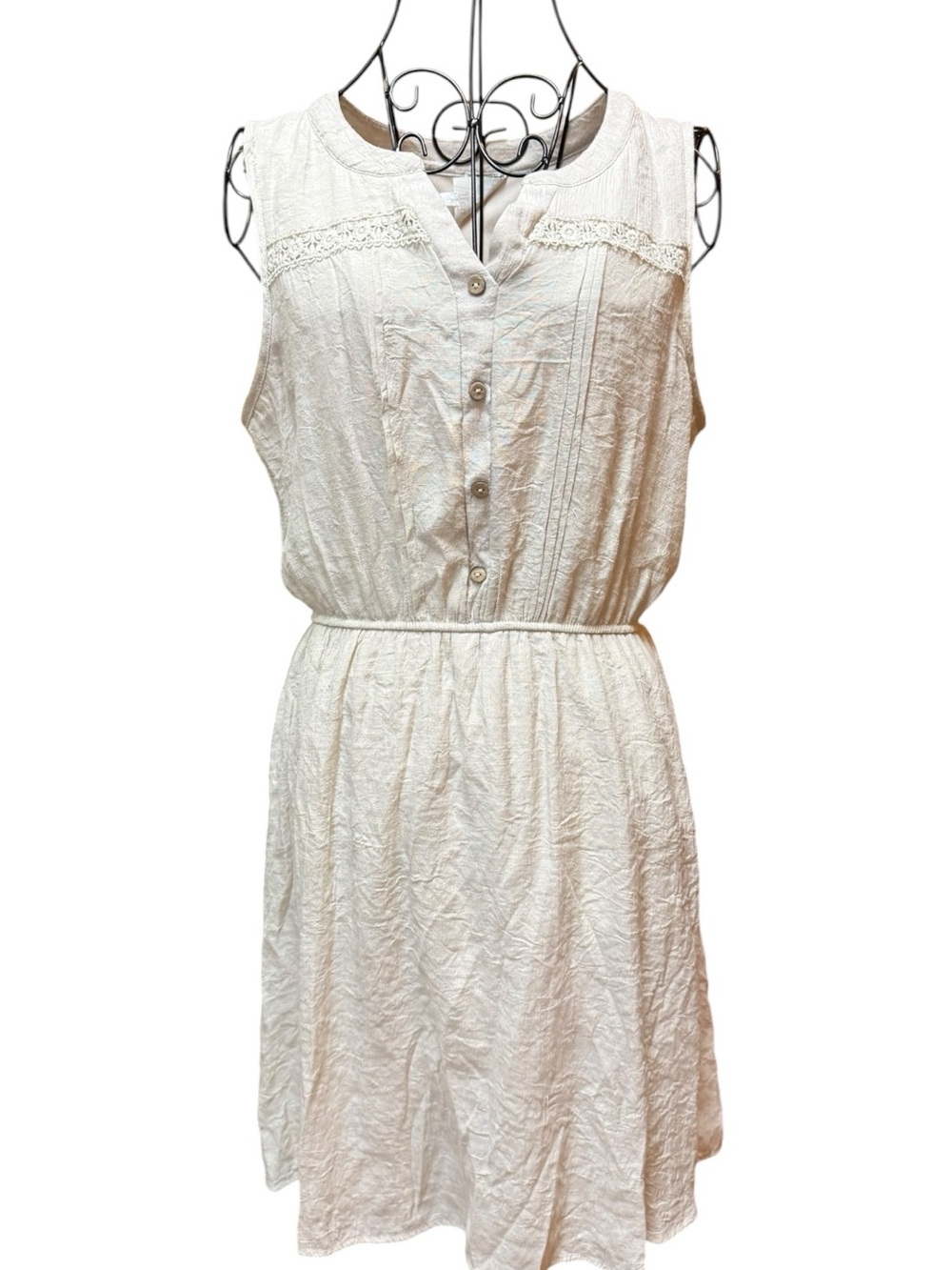 NAIF Sleeveless Cream Button-Front Mini Dress with Lace Trim